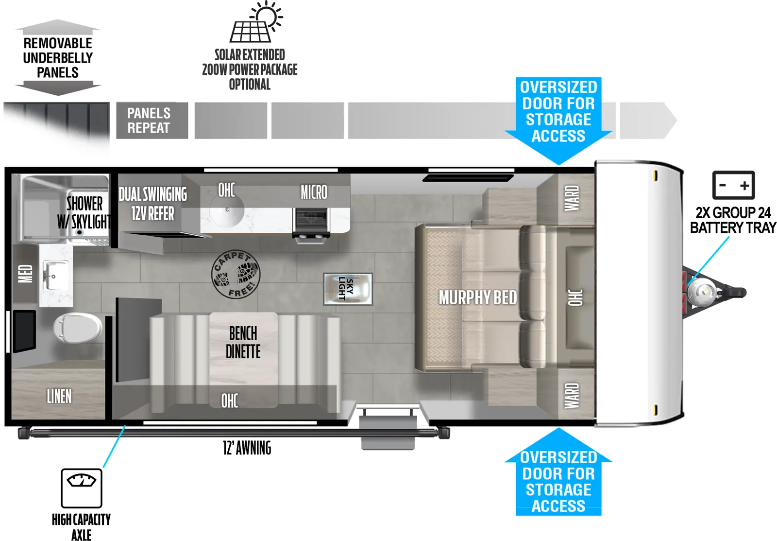 The Salem FSX 167RBK floorplan has one entry and zero slide outs. Exterior features include: fiberglass exterior and 12' awning. Interiors features include: front bedroom, murphy bed, front living and rear bathroom.